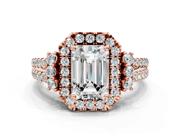 Rose gold Emerald Cut Double Halo Diamond Engagement Ring with Pave Band and Four-Prong Setting