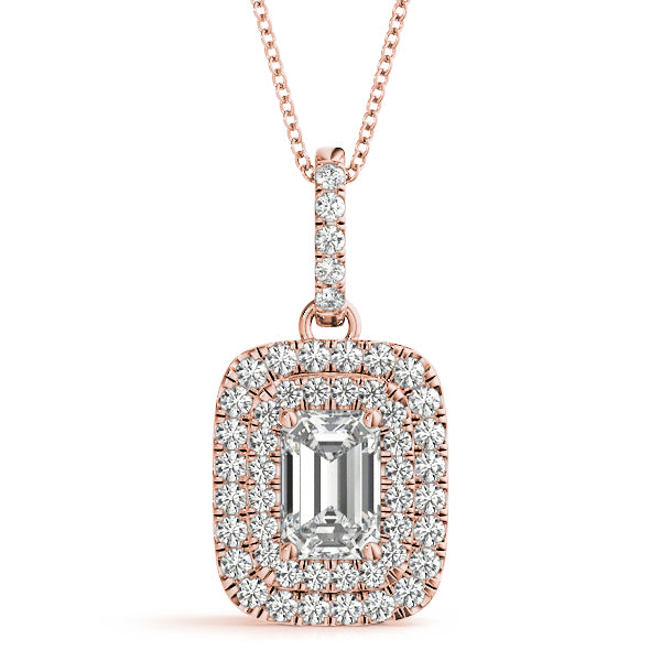 Rose gold Emerald Cut Double Halo Diamond Pendant with Prong Setting