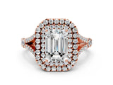 Rose gold Emerald Cut Double Halo Split Shank Diamond Ring with Prong Setting_49