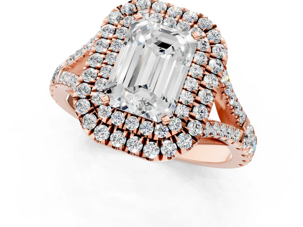 Rose gold Emerald Cut Double Halo Split Shank Diamond Ring with Prong Setting