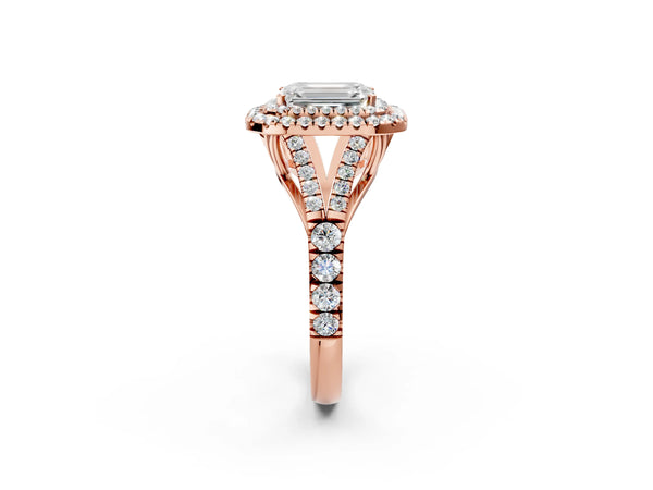 Rose gold Emerald Cut Double Halo Split Shank Diamond Ring with Prong Setting