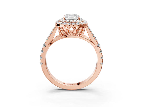 Rose gold Emerald Cut Double Halo Split Shank Diamond Ring with Prong Setting