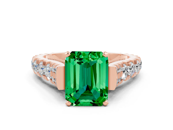 Rose gold Emerald Cut Emerald Classic Solitaire Ring with Pavé Band and Four-Prong Setting