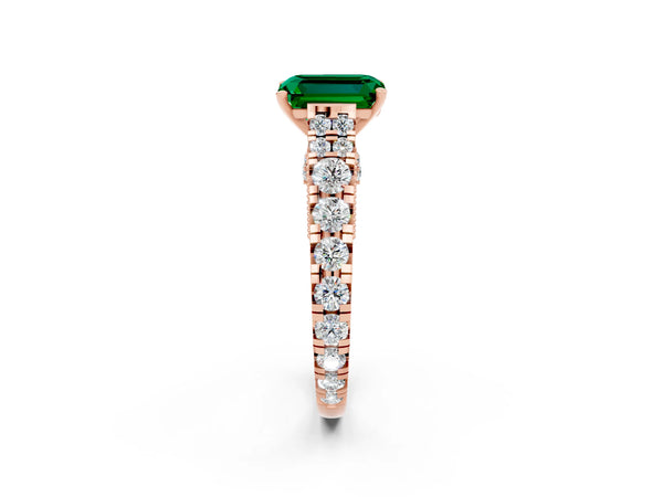 Rose gold Emerald Cut Emerald Classic Solitaire Ring with Pavé Band and Four-Prong Setting