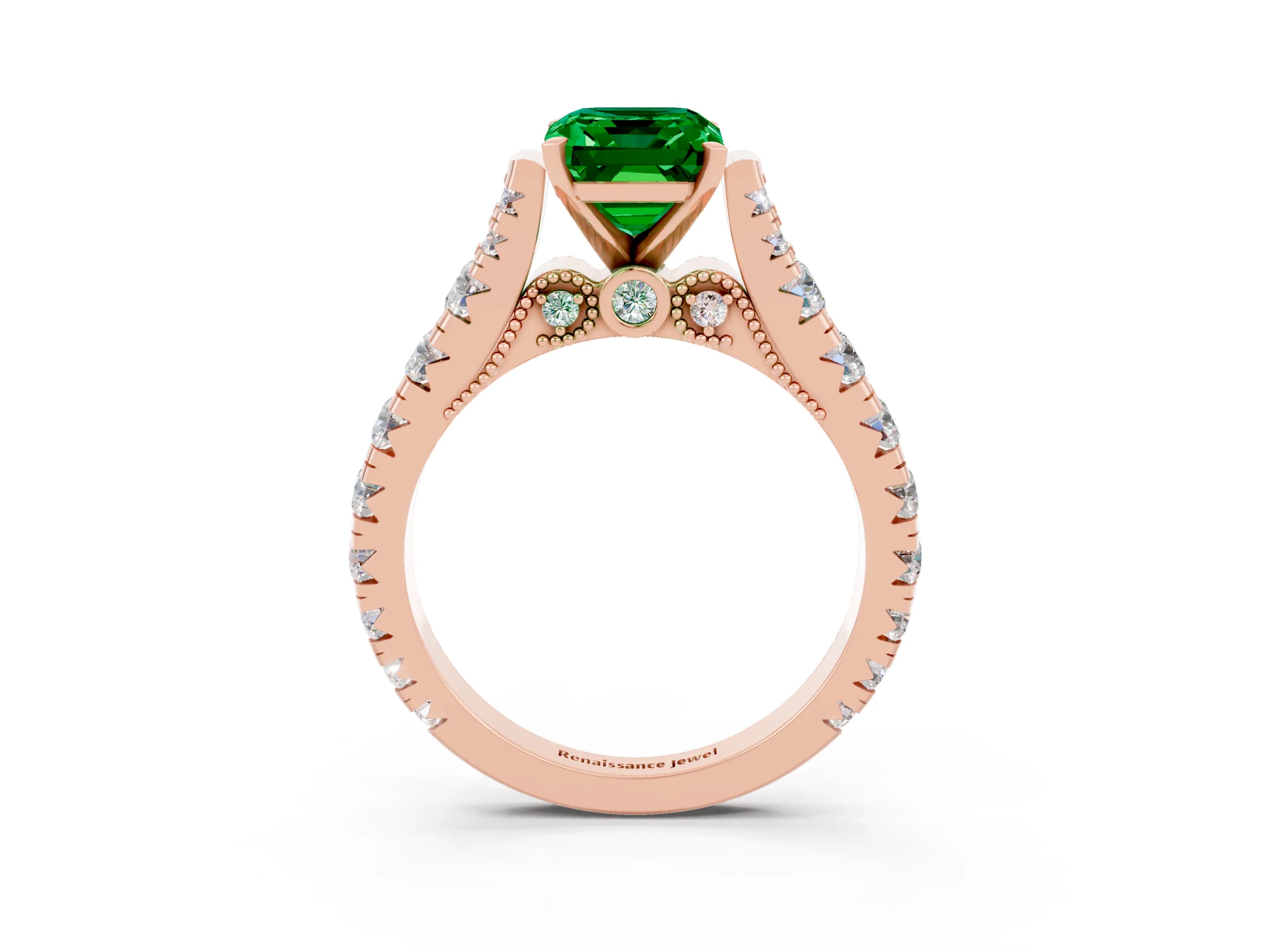 Rose gold Emerald Cut Emerald Classic Solitaire Ring with Pavé Band and Four-Prong Setting_3