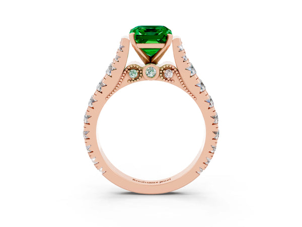 Rose gold Emerald Cut Emerald Classic Solitaire Ring with Pavé Band and Four-Prong Setting