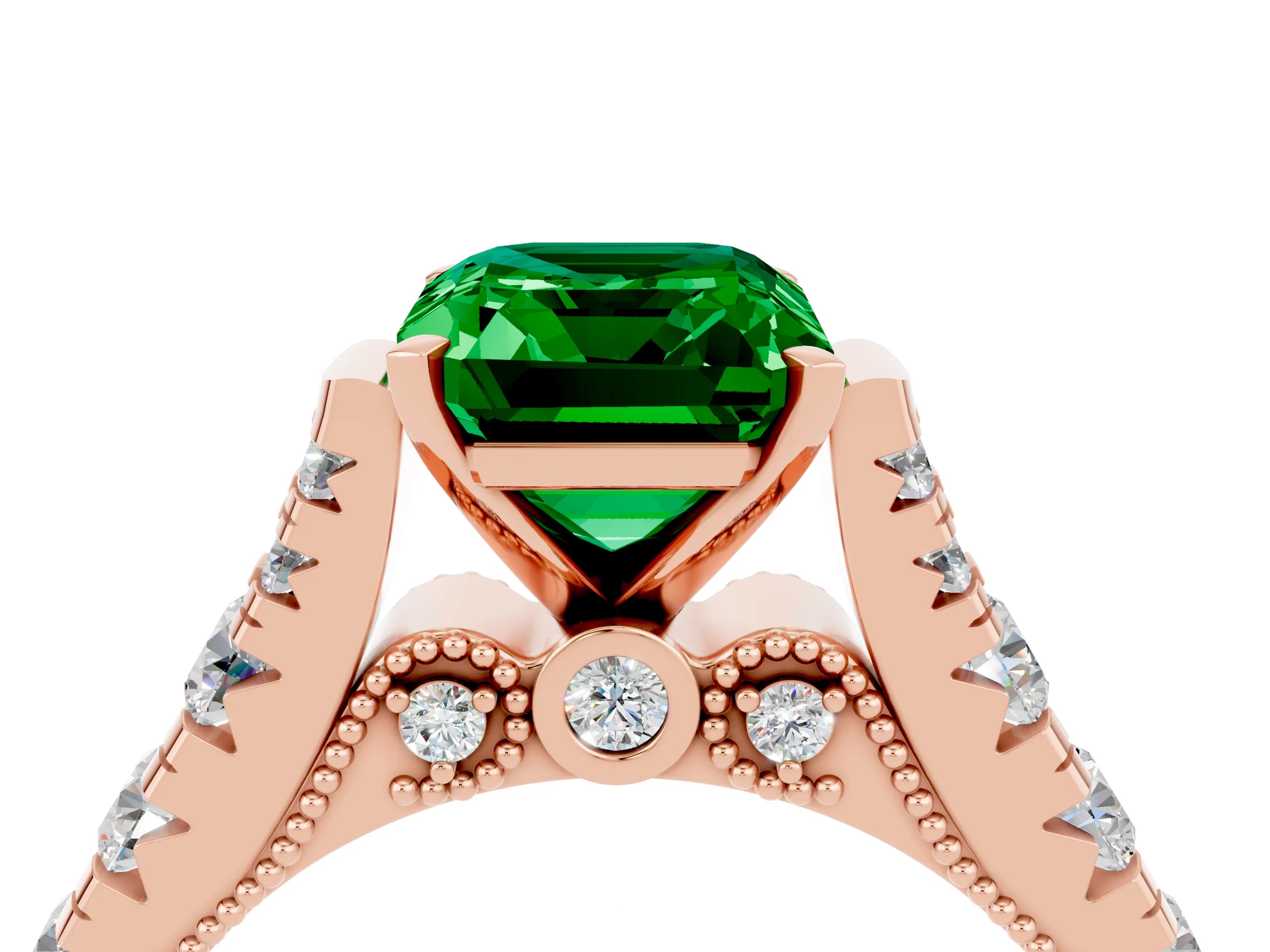 Rose gold Emerald Cut Emerald Classic Solitaire Ring with Pavé Band and Four-Prong Setting_4