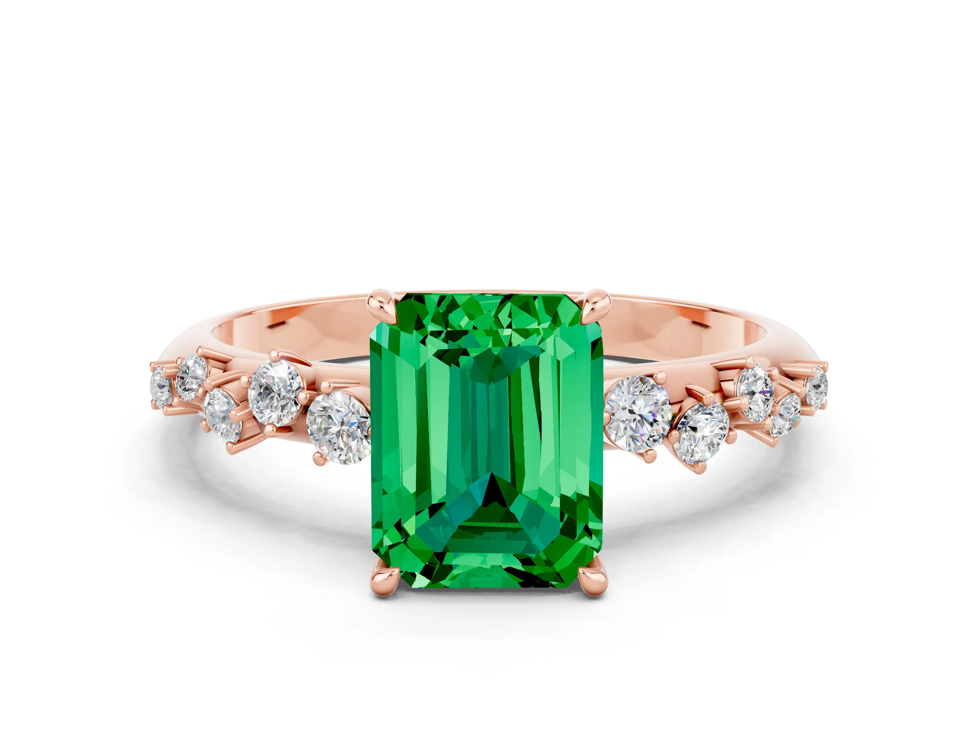 Rose gold Emerald Cut Emerald Cluster Side Stone Solitaire Ring with Prong Setting_24