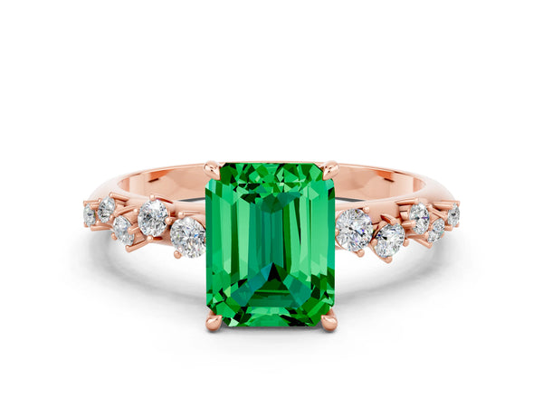 Rose gold Emerald Cut Emerald Cluster Side Stone Solitaire Ring with Prong Setting