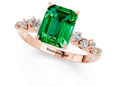 Rose gold Emerald Cut Emerald Cluster Side Stone Solitaire Ring with Prong Setting_25