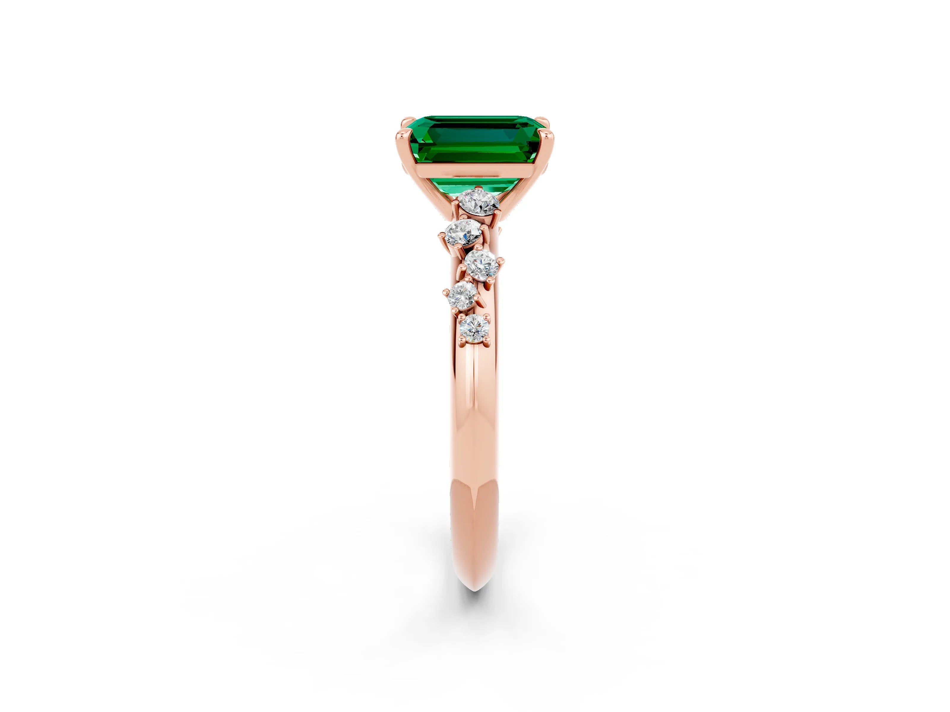 Rose gold Emerald Cut Emerald Cluster Side Stone Solitaire Ring with Prong Setting_26