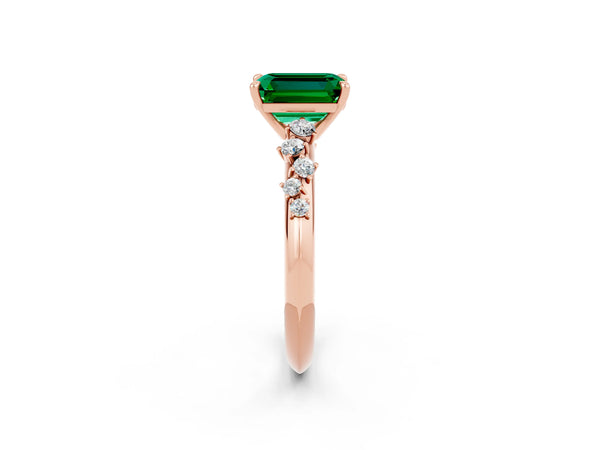 Rose gold Emerald Cut Emerald Cluster Side Stone Solitaire Ring with Prong Setting