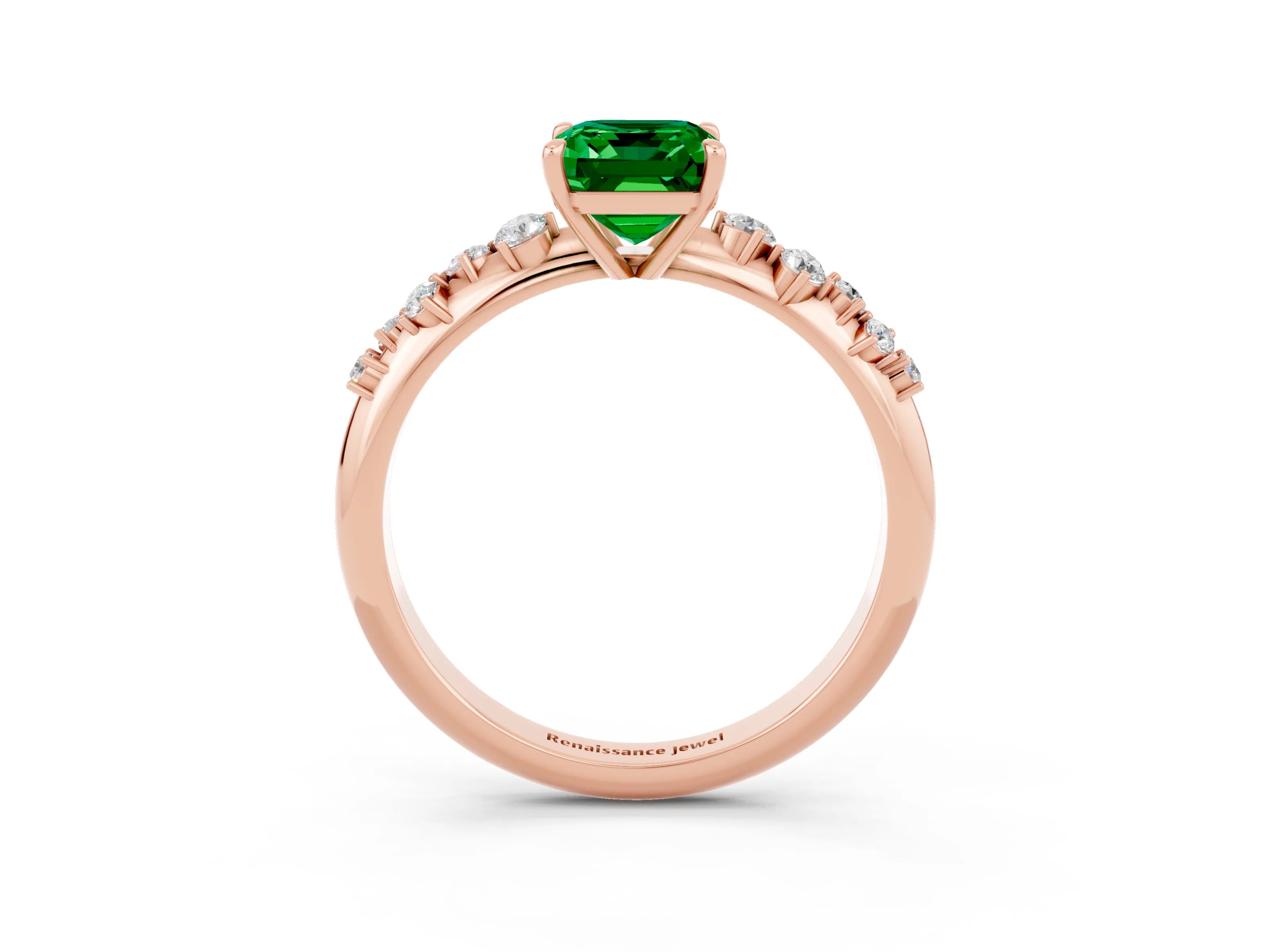 Rose gold Emerald Cut Emerald Cluster Side Stone Solitaire Ring with Prong Setting_27