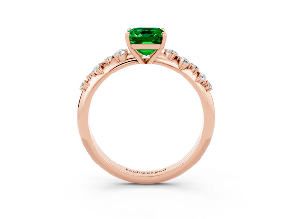 Rose gold Emerald Cut Emerald Cluster Side Stone Solitaire Ring with Prong Setting