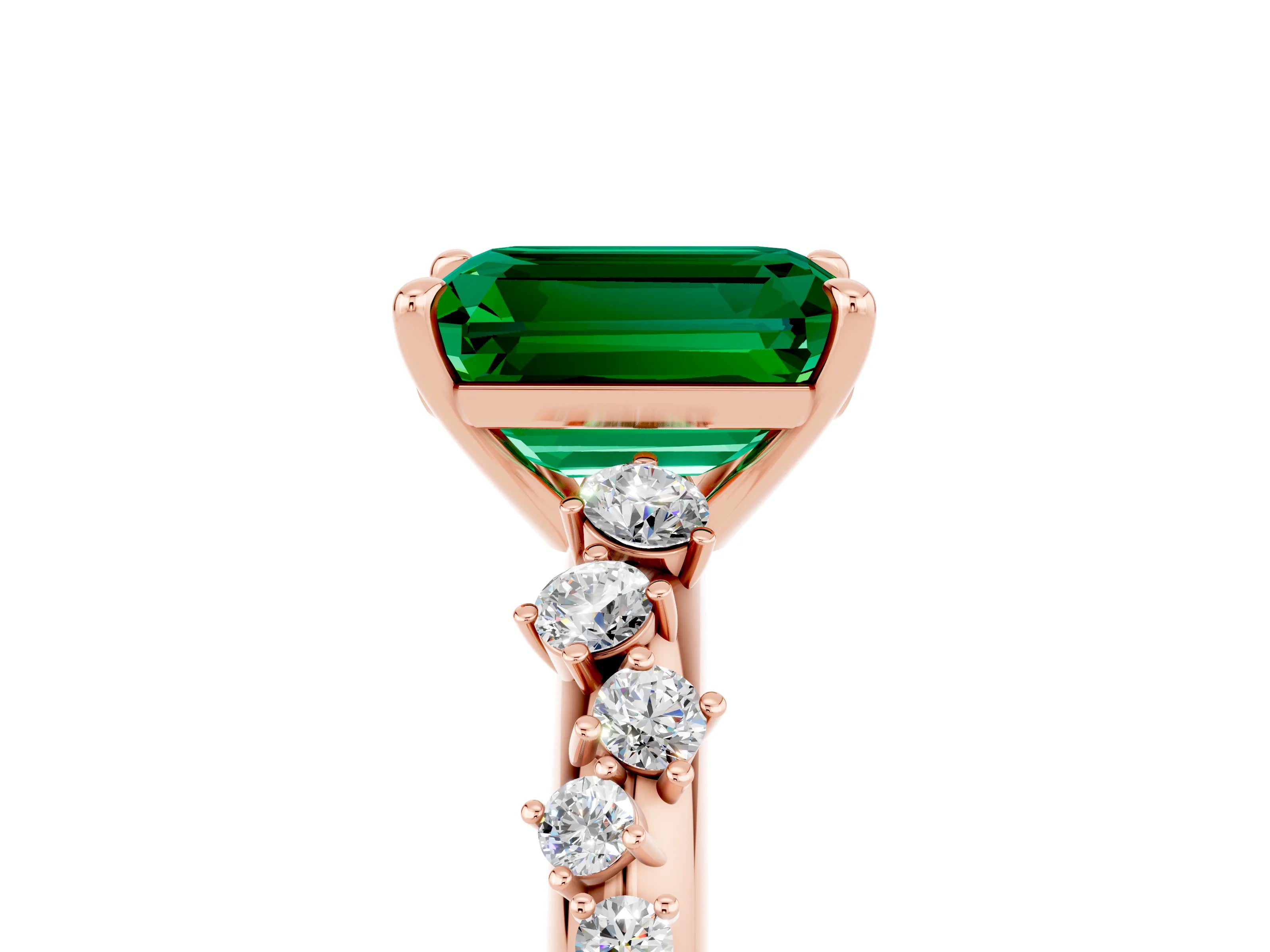 Rose gold Emerald Cut Emerald Cluster Side Stone Solitaire Ring with Prong Setting_29