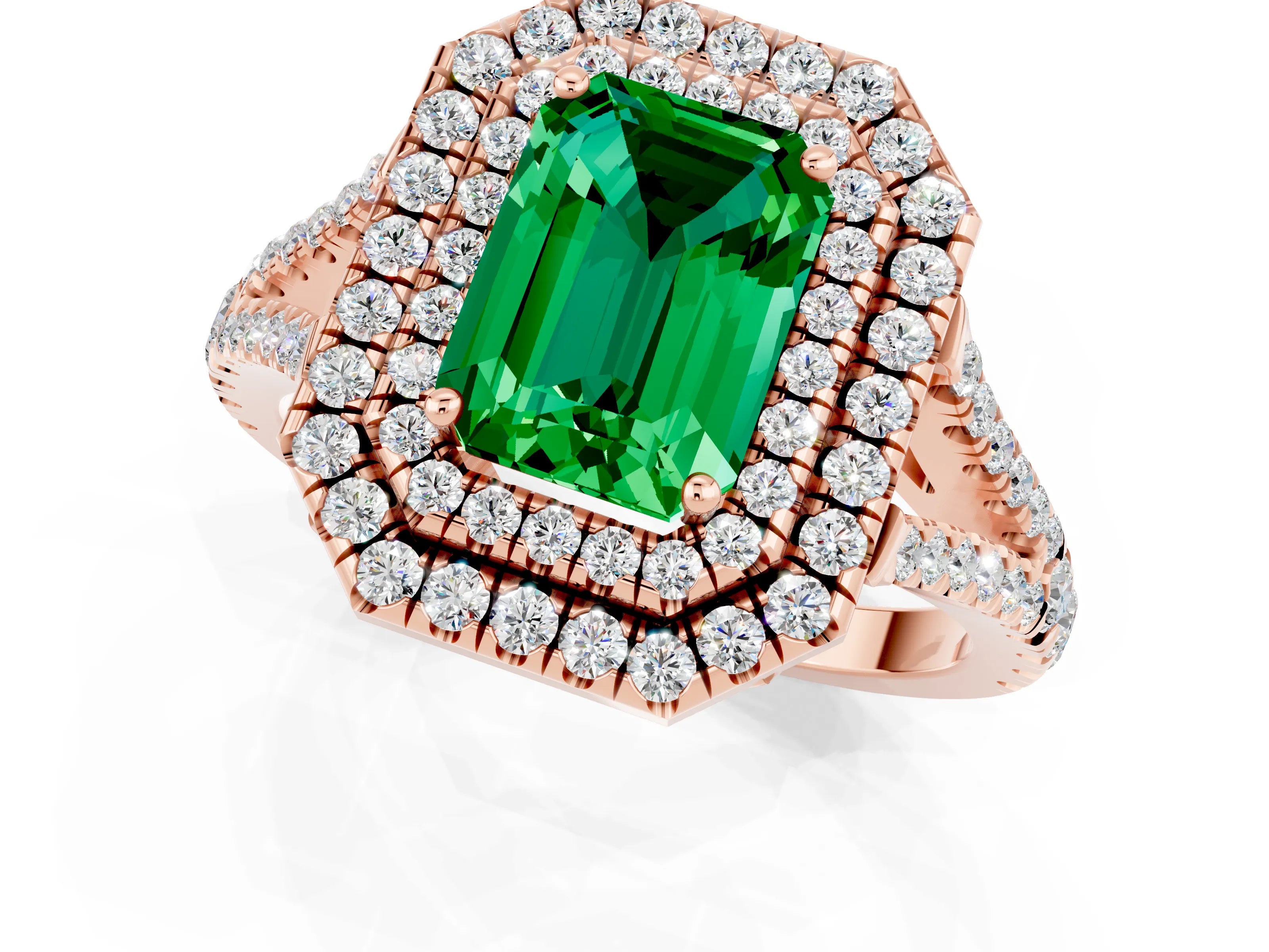 Rose gold Emerald Cut Emerald Double Halo Ring with Pavé Band and Prong Setting_13
