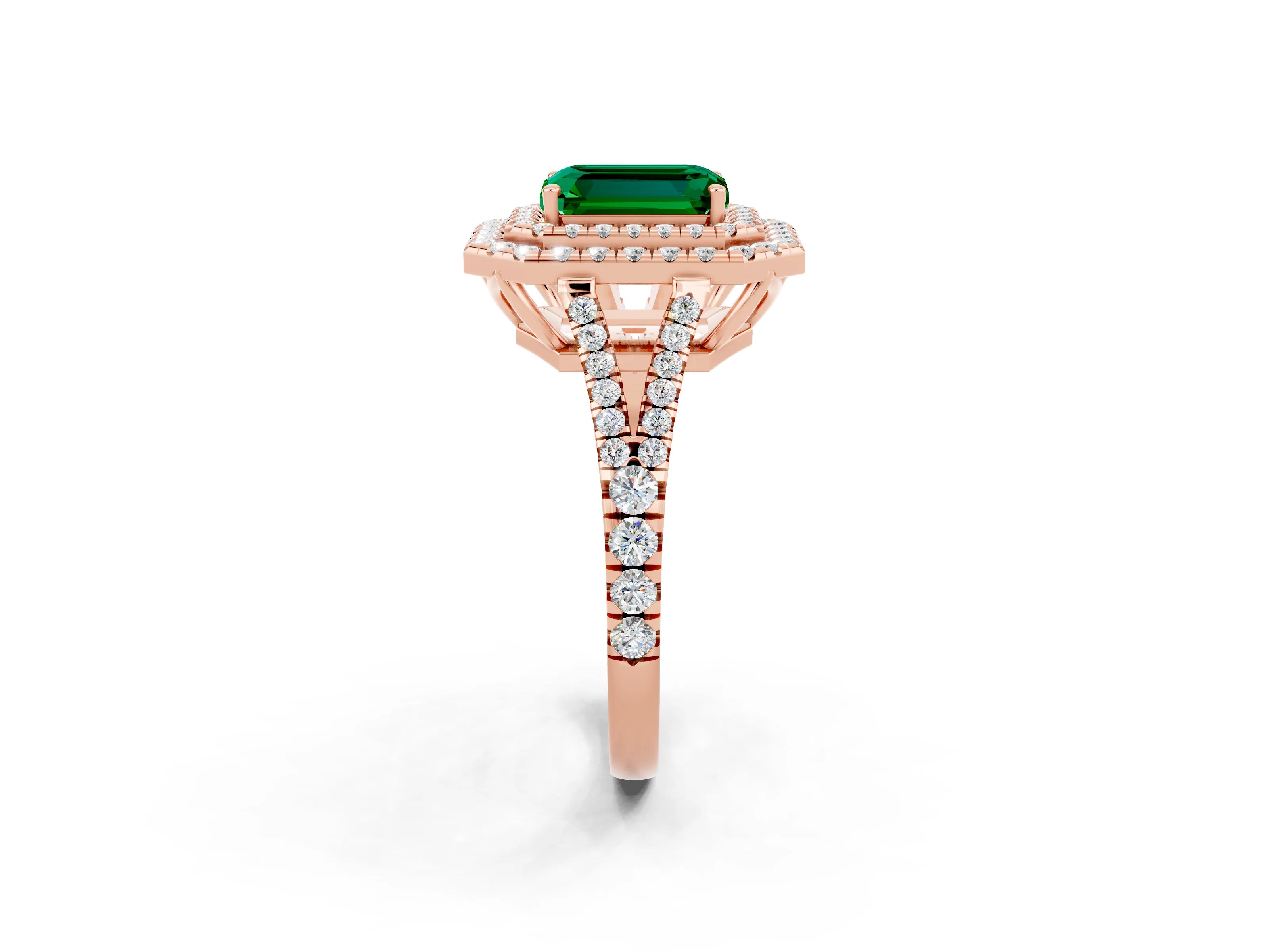 Rose gold Emerald Cut Emerald Double Halo Ring with Pavé Band and Prong Setting_14