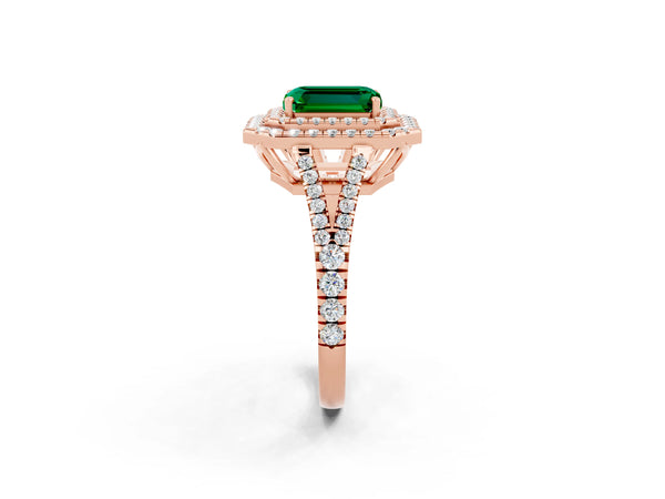 Rose gold Emerald Cut Emerald Double Halo Ring with Pavé Band and Prong Setting