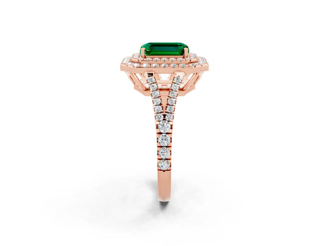 Rose gold Emerald Cut Emerald Double Halo Ring with Pavé Band and Prong Setting_14