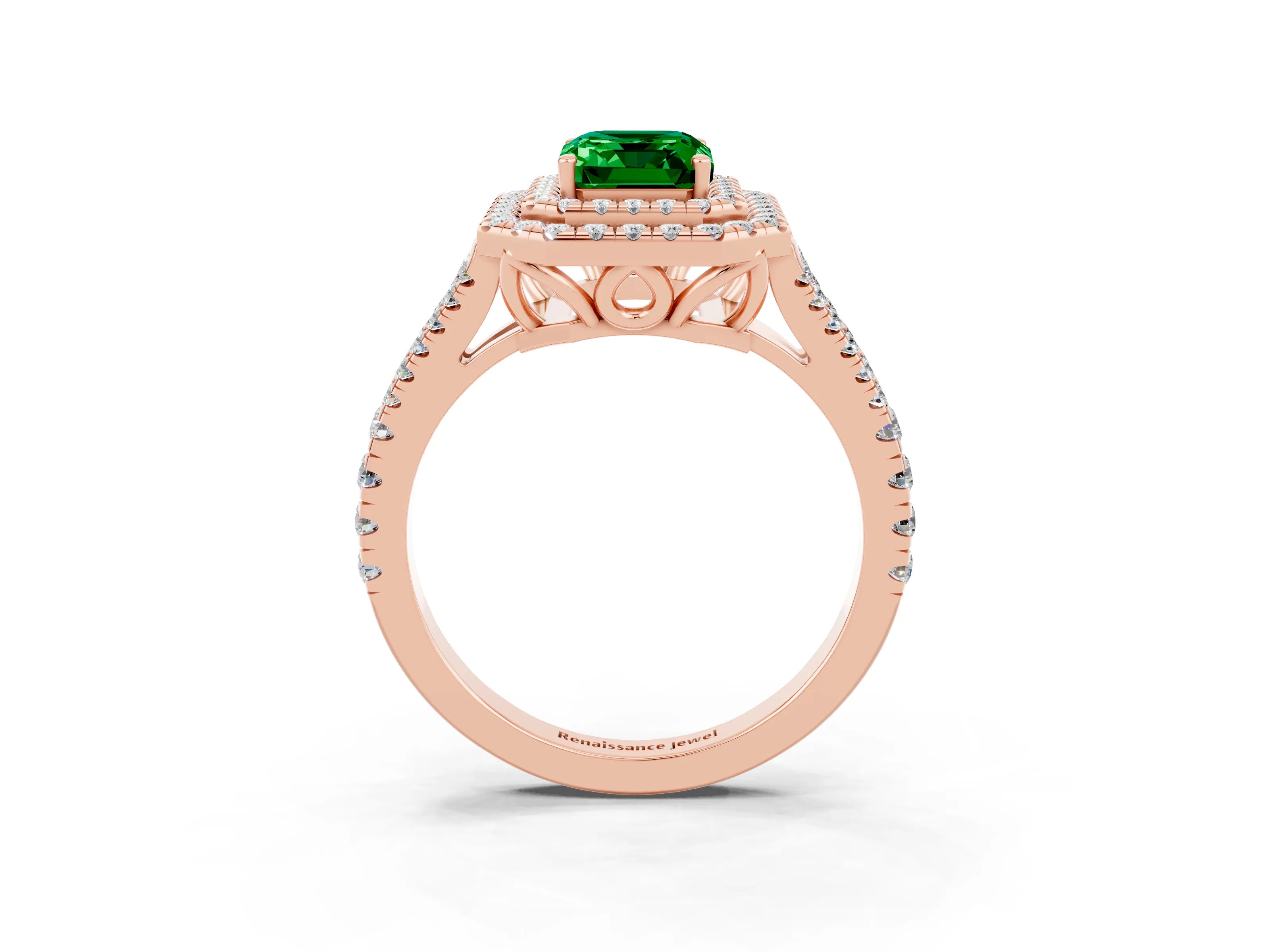 Rose gold Emerald Cut Emerald Double Halo Ring with Pavé Band and Prong Setting_15