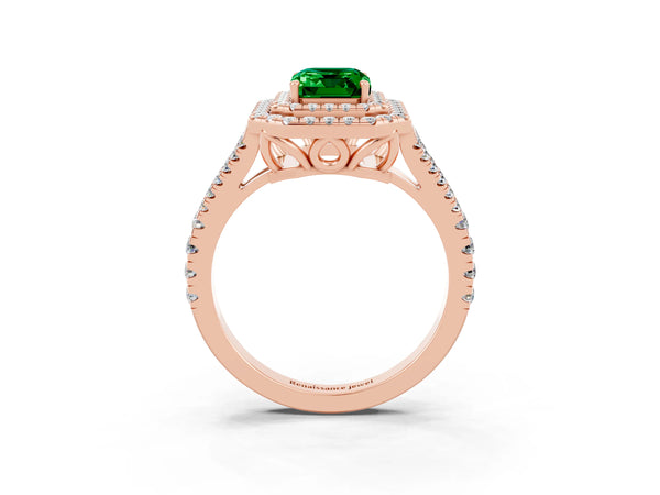 Rose gold Emerald Cut Emerald Double Halo Ring with Pavé Band and Prong Setting