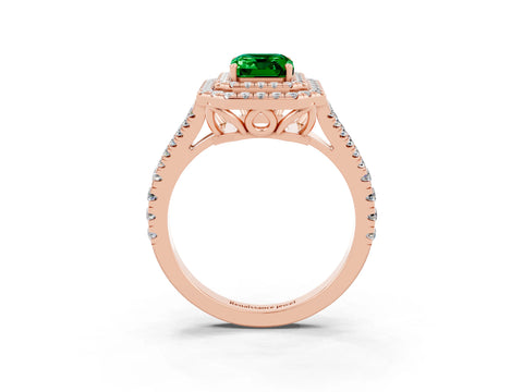 Rose gold Emerald Cut Emerald Double Halo Ring with Pavé Band and Prong Setting_15