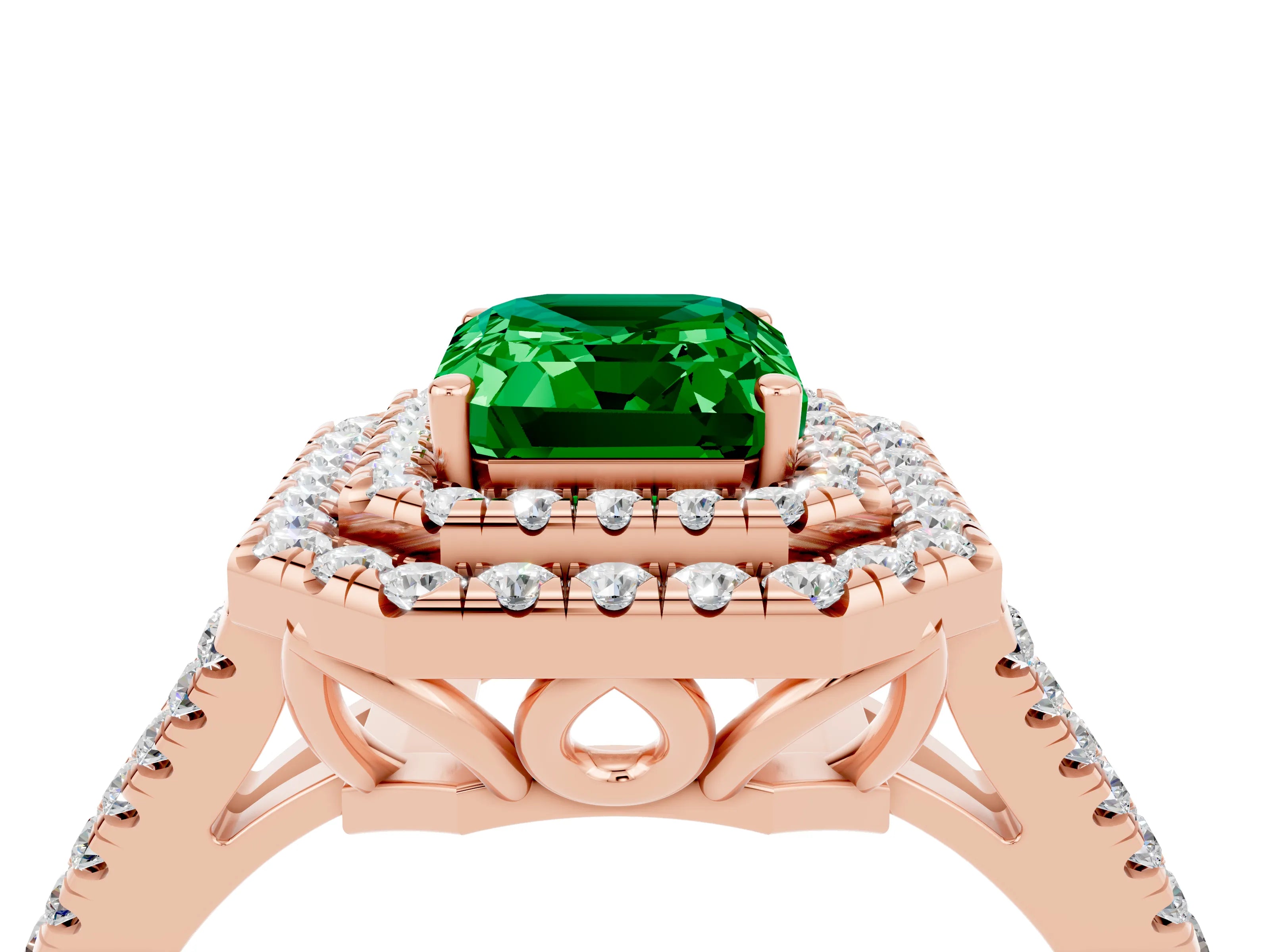 Rose gold Emerald Cut Emerald Double Halo Ring with Pavé Band and Prong Setting_16
