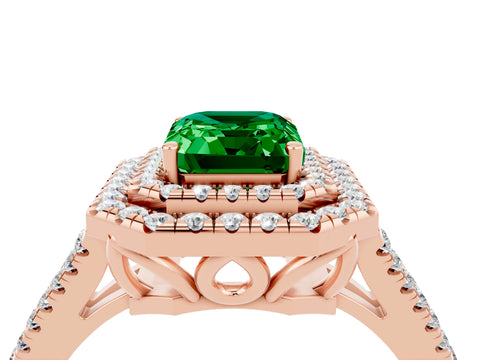 Rose gold Emerald Cut Emerald Double Halo Ring with Pavé Band and Prong Setting_16