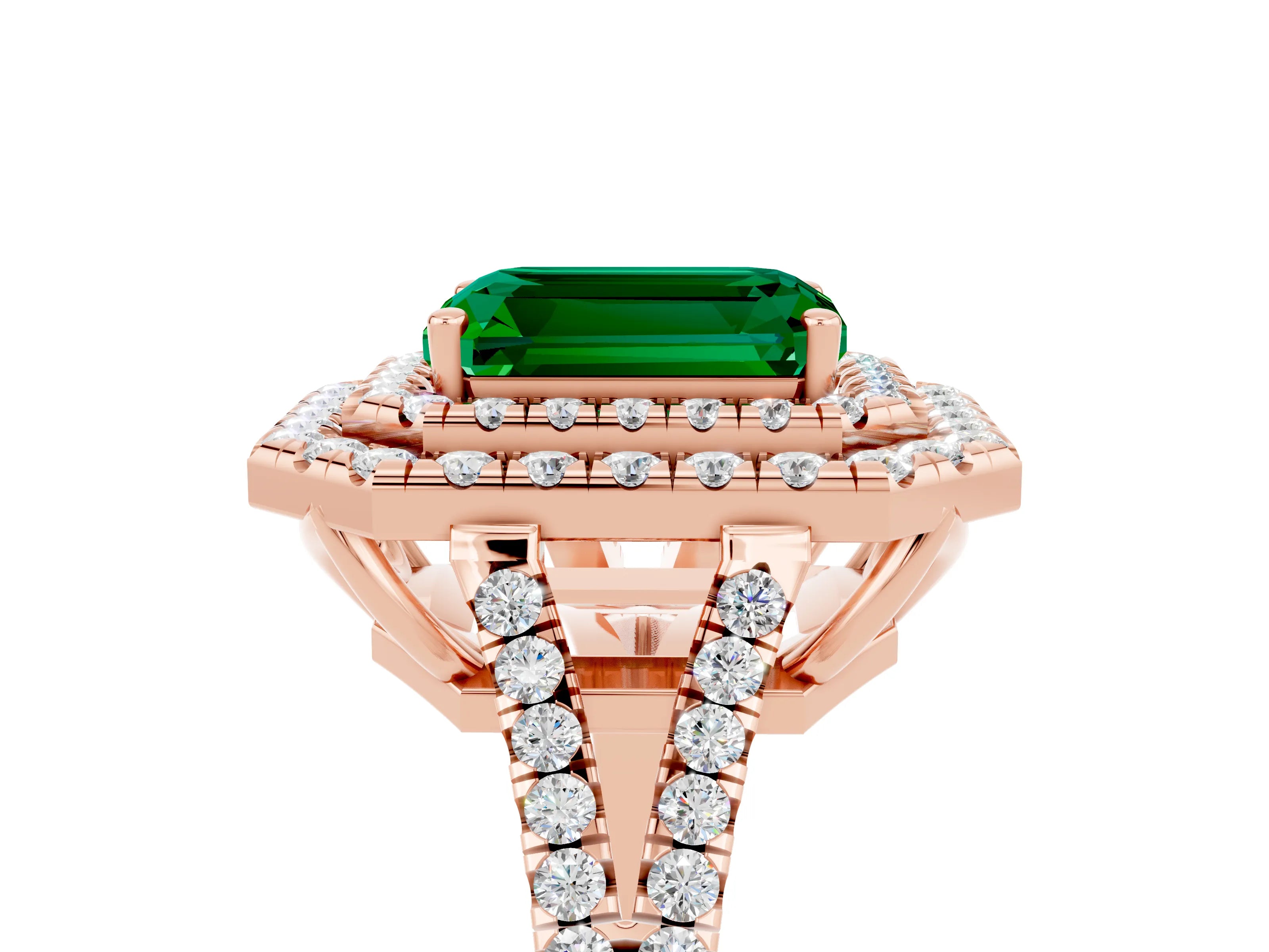 Rose gold Emerald Cut Emerald Double Halo Ring with Pavé Band and Prong Setting_17