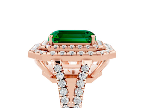 Rose gold Emerald Cut Emerald Double Halo Ring with Pavé Band and Prong Setting_17