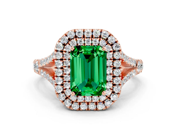 Rose gold Emerald Cut Emerald Double Halo Ring with Split Shank and Prong Setting