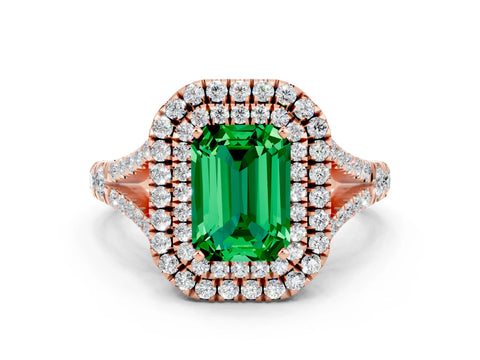 Rose gold Emerald Cut Emerald Double Halo Ring with Split Shank and Prong Setting_12