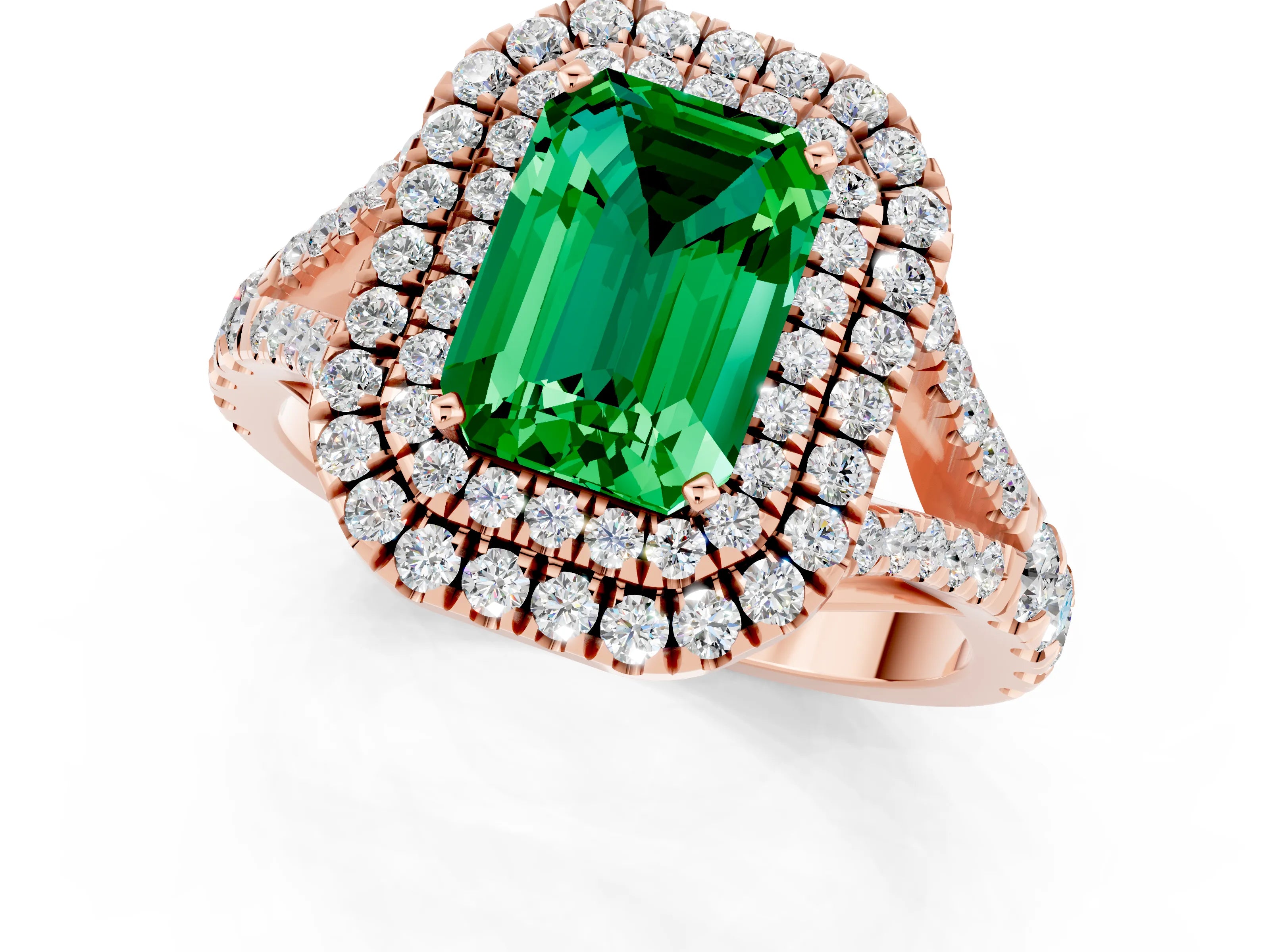Rose gold Emerald Cut Emerald Double Halo Ring with Split Shank and Prong Setting_13