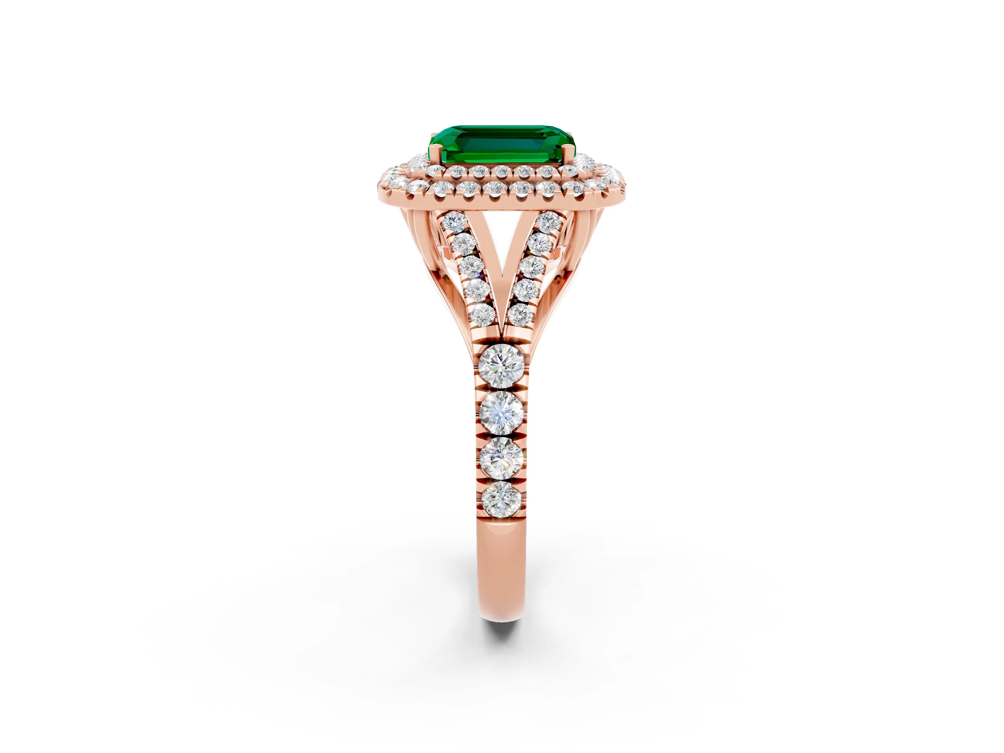 Rose gold Emerald Cut Emerald Double Halo Ring with Split Shank and Prong Setting_14