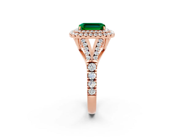 Rose gold Emerald Cut Emerald Double Halo Ring with Split Shank and Prong Setting