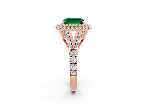Rose gold Emerald Cut Emerald Double Halo Ring with Split Shank and Prong Setting_14