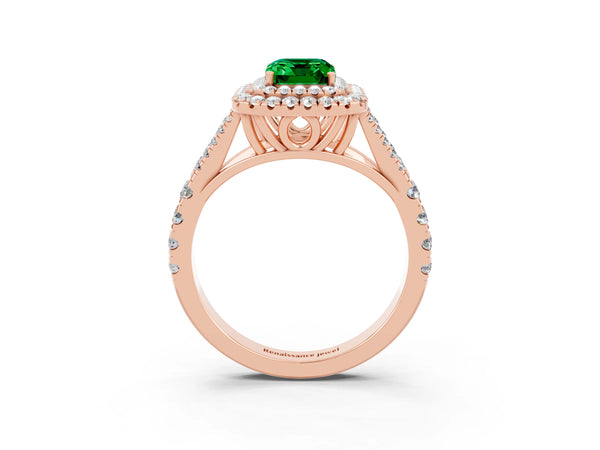 Rose gold Emerald Cut Emerald Double Halo Ring with Split Shank and Prong Setting