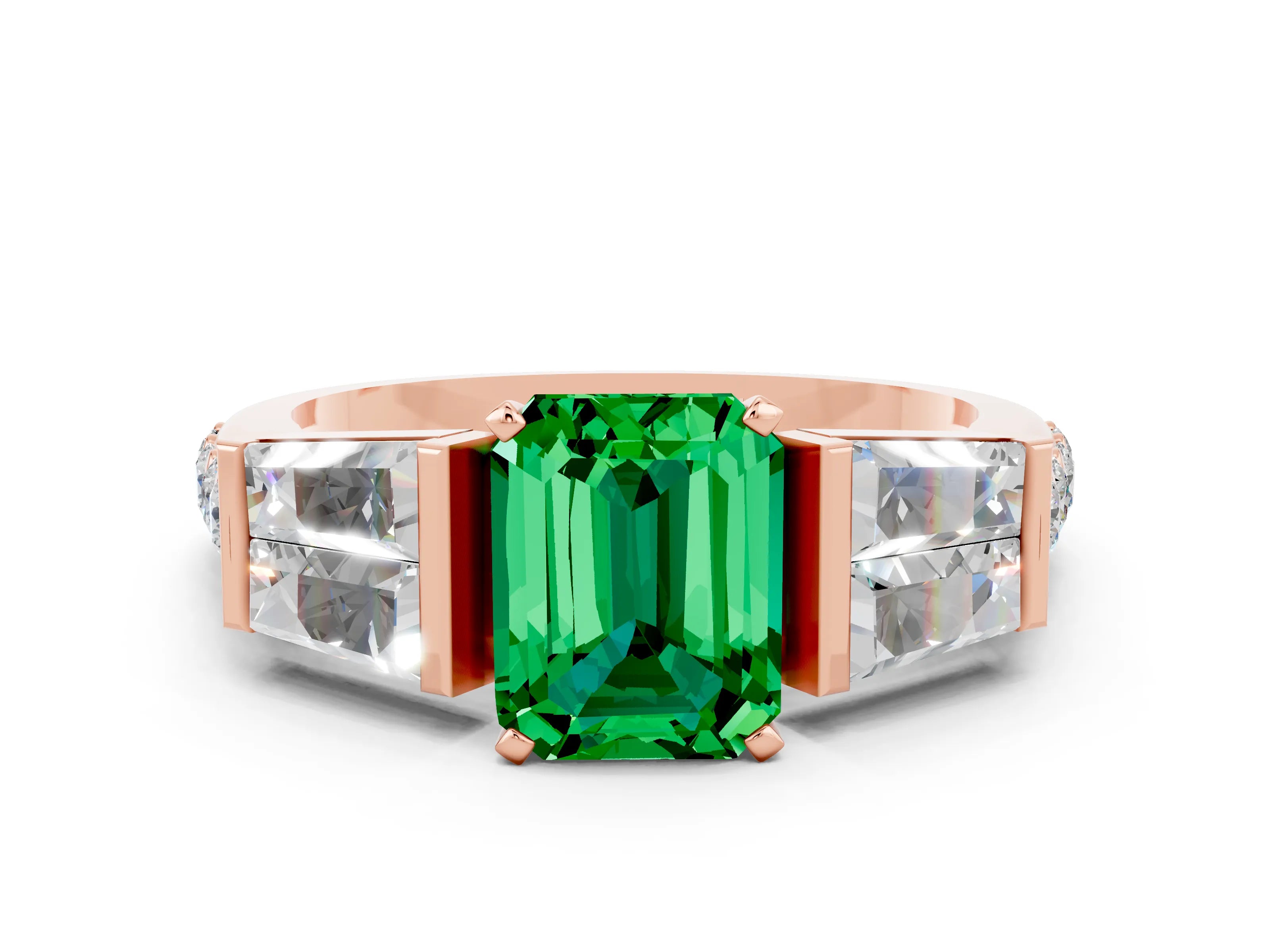 Rose gold Emerald Cut Emerald Engagement Ring with Baguette Side Stones and Channel Set Band