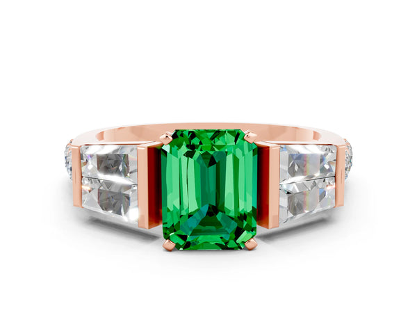 Rose gold Emerald Cut Emerald Engagement Ring with Baguette Side Stones and Channel Set Band