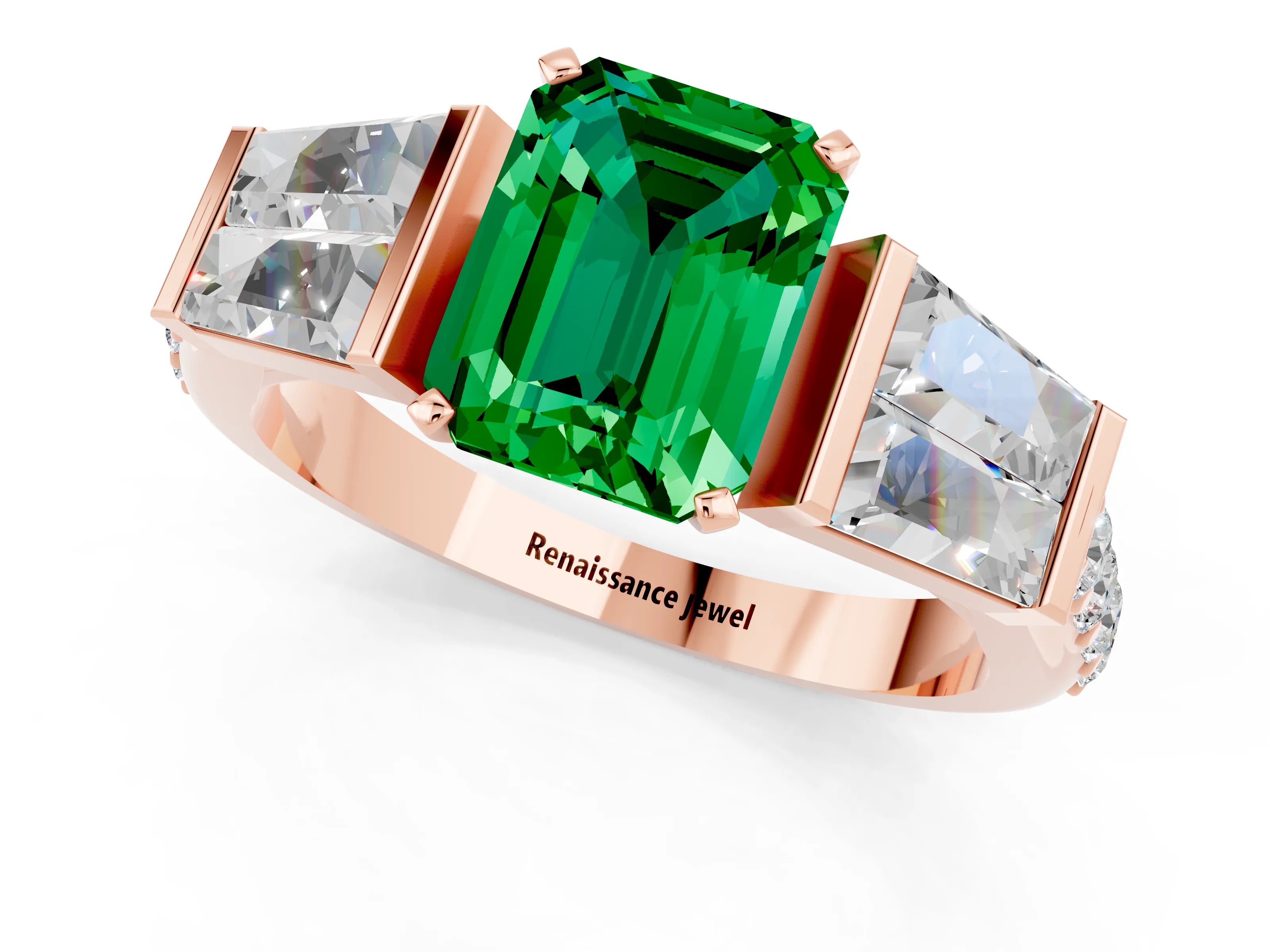 Rose gold Emerald Cut Emerald Engagement Ring with Baguette Side Stones and Channel Set Band_1