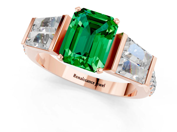 Rose gold Emerald Cut Emerald Engagement Ring with Baguette Side Stones and Channel Set Band