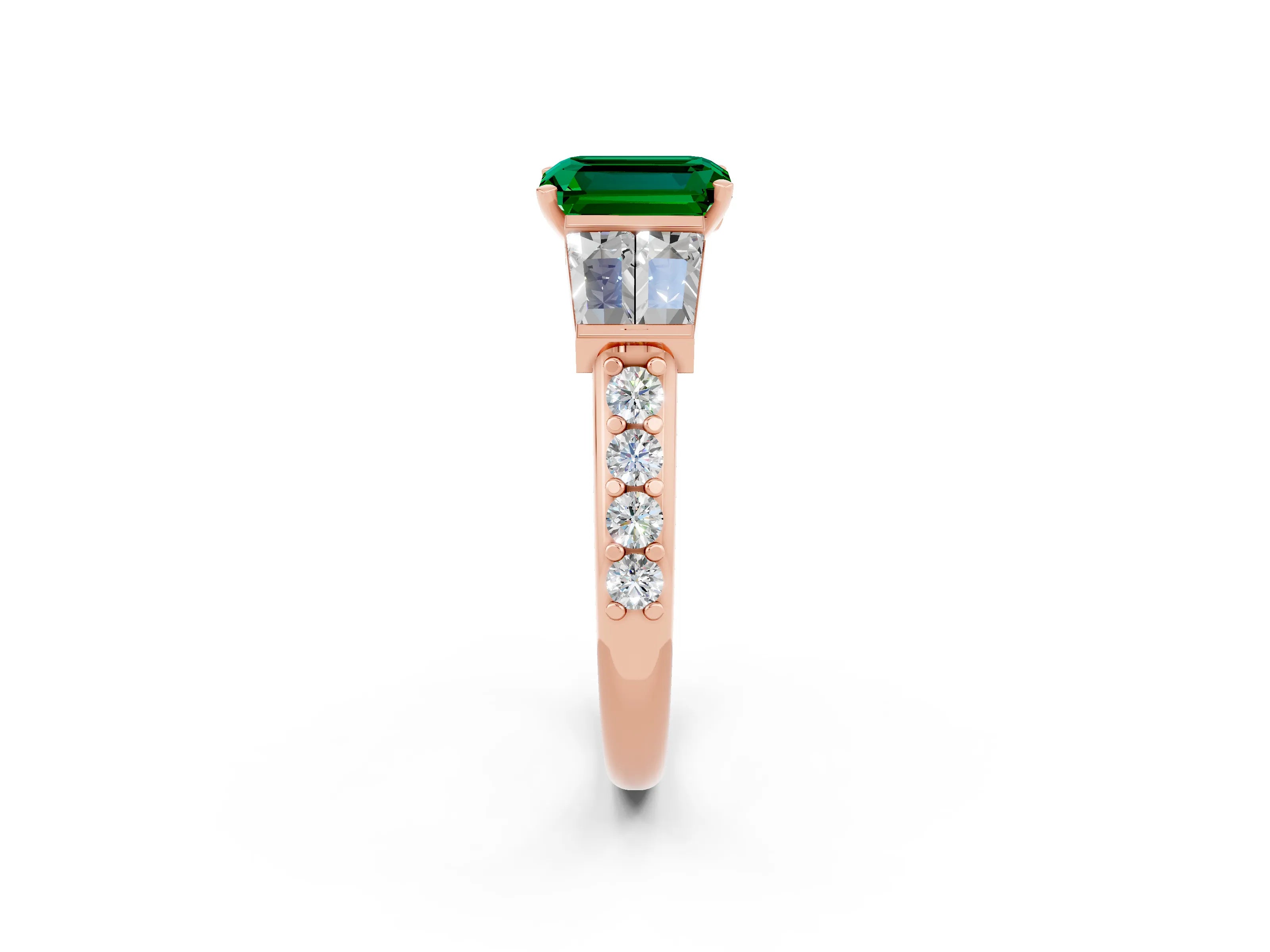 Rose gold Emerald Cut Emerald Engagement Ring with Baguette Side Stones and Channel Set Band_2