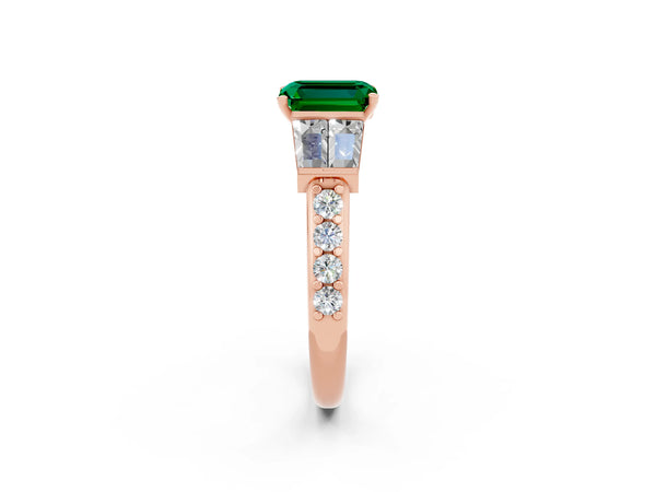 Rose gold Emerald Cut Emerald Engagement Ring with Baguette Side Stones and Channel Set Band