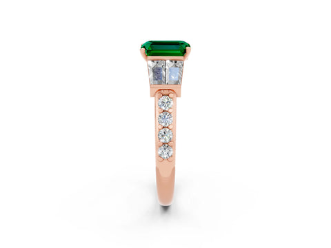 Rose gold Emerald Cut Emerald Engagement Ring with Baguette Side Stones and Channel Set Band_2