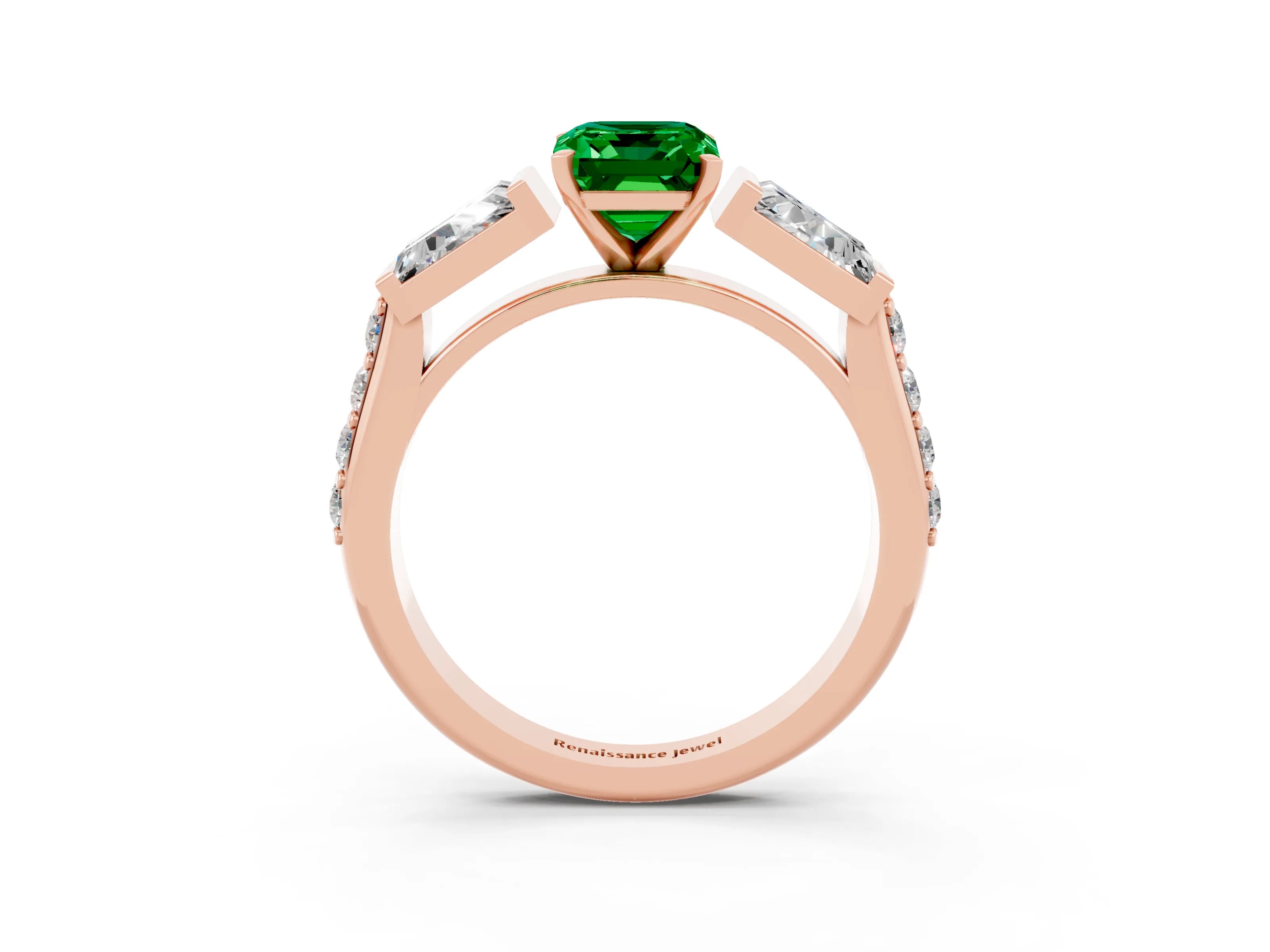 Rose gold Emerald Cut Emerald Engagement Ring with Baguette Side Stones and Channel Set Band_3