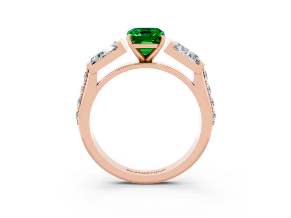 Rose gold Emerald Cut Emerald Engagement Ring with Baguette Side Stones and Channel Set Band