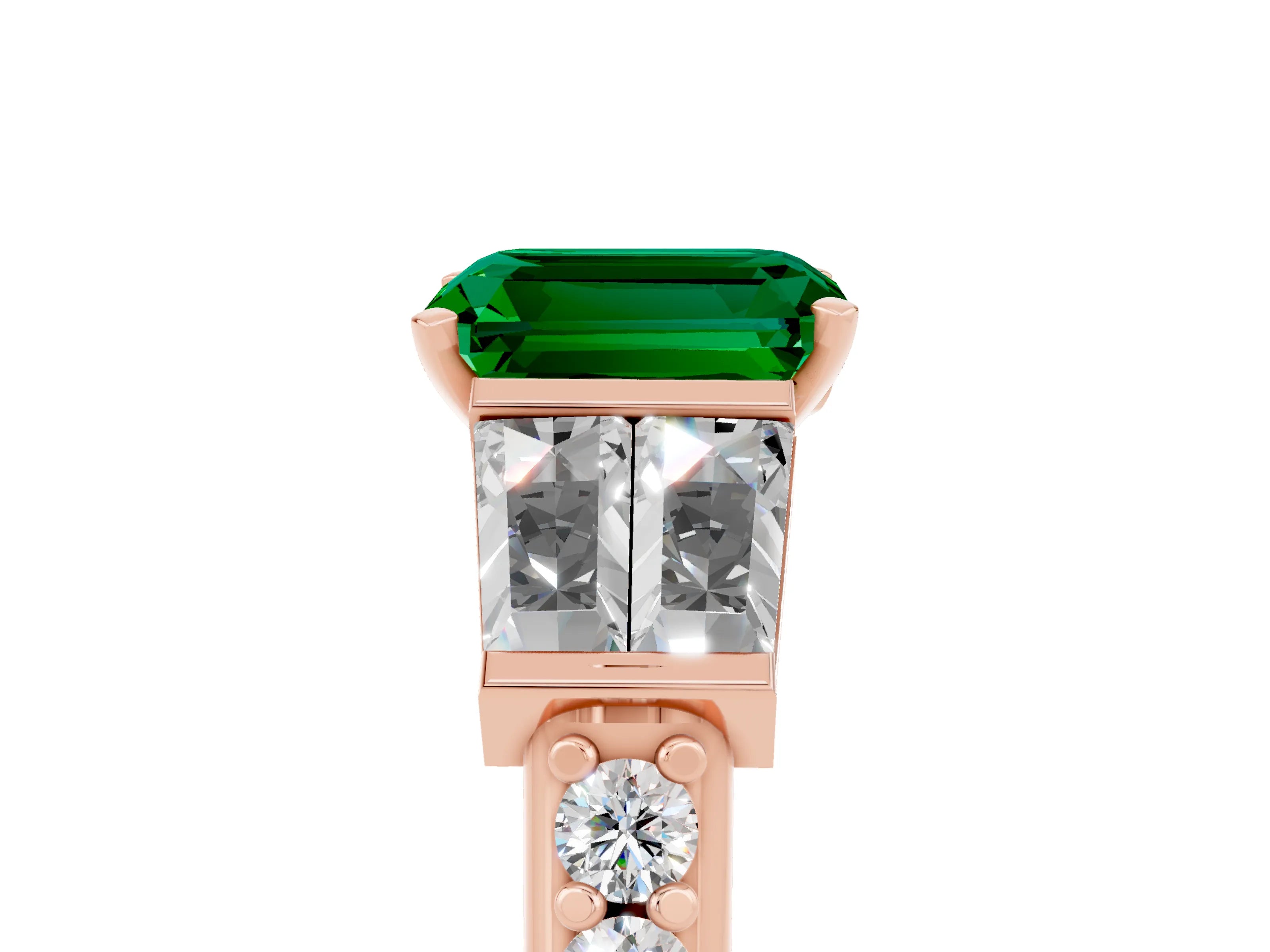 Rose gold Emerald Cut Emerald Engagement Ring with Baguette Side Stones and Channel Set Band_5
