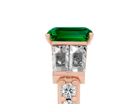 Rose gold Emerald Cut Emerald Engagement Ring with Baguette Side Stones and Channel Set Band_5