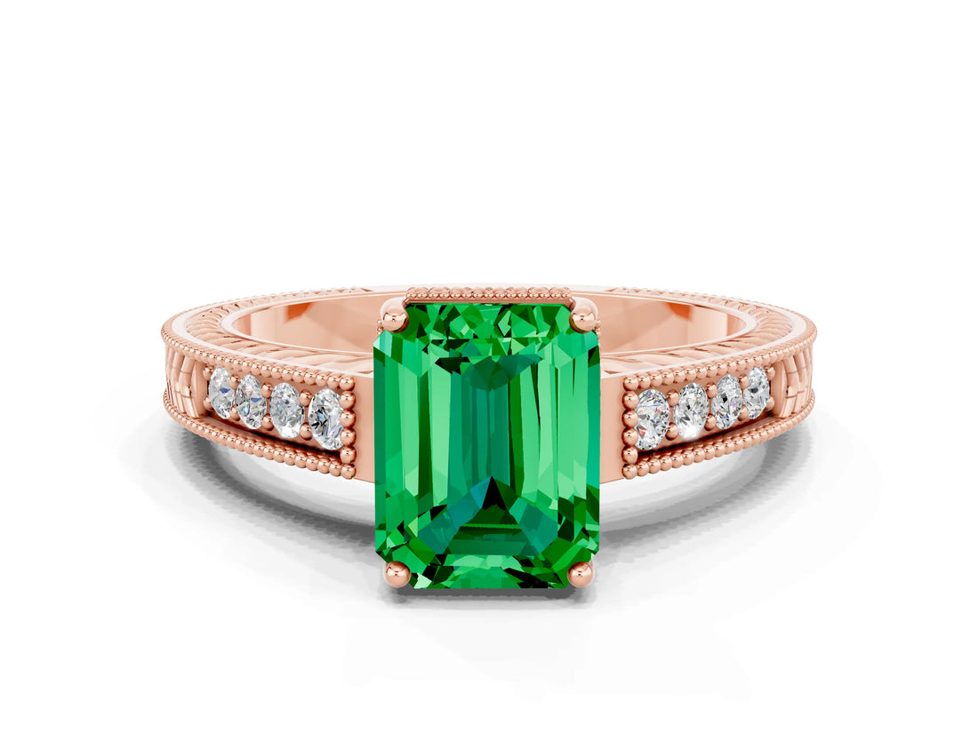 Rose gold Emerald Cut Emerald Engagement Ring with Milgrain Channel Set Band and Prong Setting