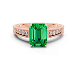 Rose gold Emerald Cut Emerald Engagement Ring with Milgrain Channel Set Band and Prong Setting